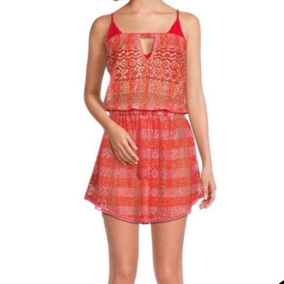 Ramy Brook Maja Metallic Pink and Red Lace Mini Dress Cover Up - Picture 1 of 6